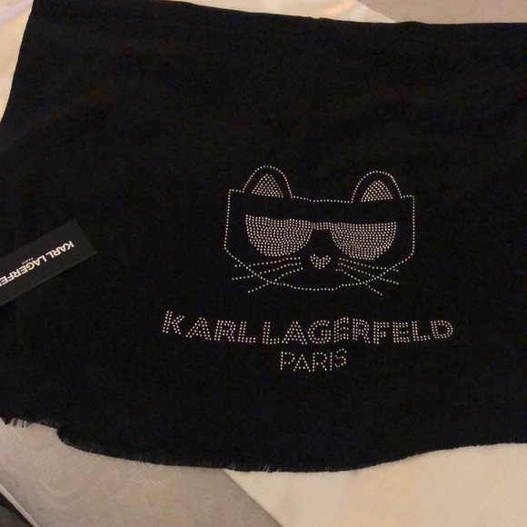Karl Lagerfeld Black Rectangular Scarf Embellished Stud Choupette & Logo OS NWT - Picture 5 of 16